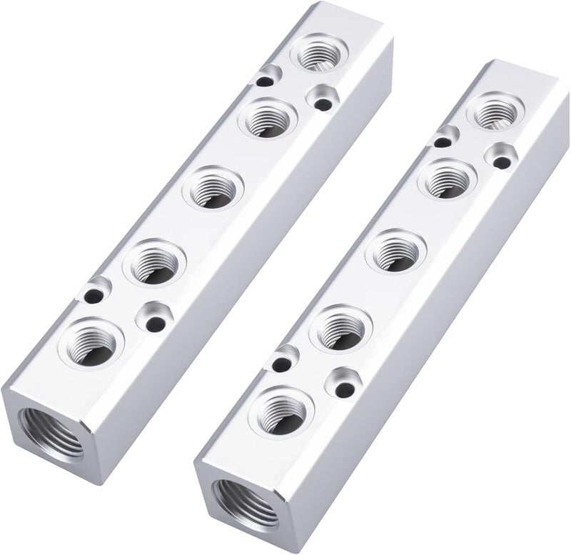 MARSTEK 2PCS Air Manifold, 5 Way 7 Port Air Compressor Manifold, Aluminum Air Hose Inline Manifold Block Splitter, Pneumatic Manifold Air Distribution Block, NPT 1/2 Inch Supply Port, NPT 1/4 Inch Output Port - Image 1